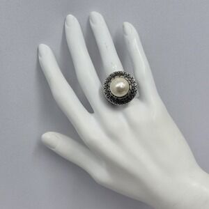 Ned Bowman B.C. Silver Sterling Black Enamel Pearl Ring 21 Grams Size 6 3/4 - 7